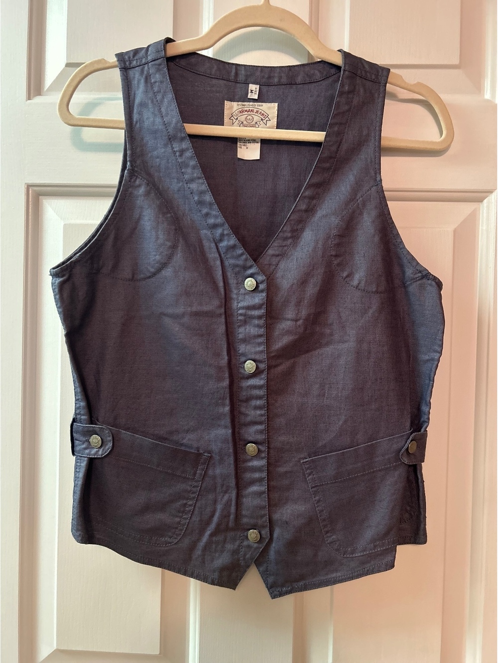 Vintage Armani Jeans Women's Blue Linen Cotton Vest Size M